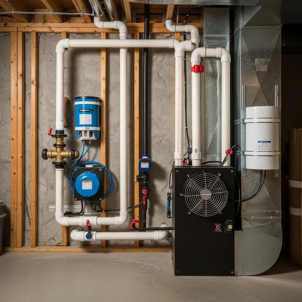 Modern radon mitigation system components in a residential basement, showcasing safety and efficiency